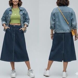 Vintage Y2K Denim Midi Chevron Pinstripe Skirt Women's Medium Preppy